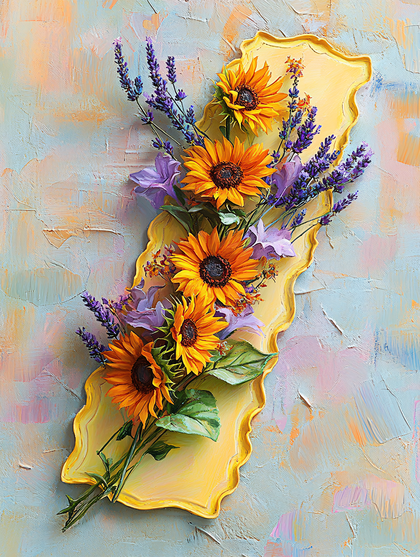 Sunflowers and Lavender on Yellow Plate