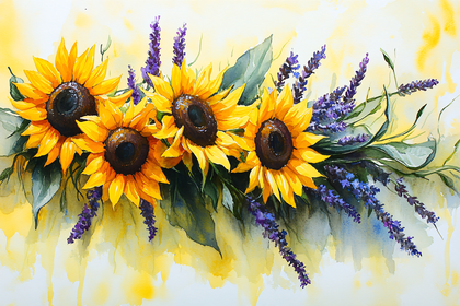 Sunflowers and Lavender Watercolor