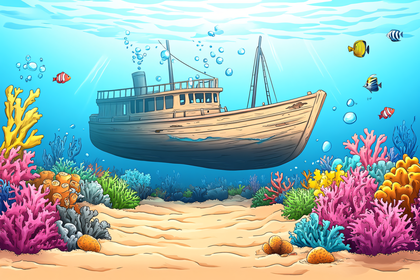 Sunken Ship And Coral Reef