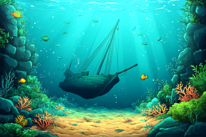 Sunken Ship Underwater Scene