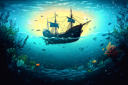 Sunken Ship Underwater Scene