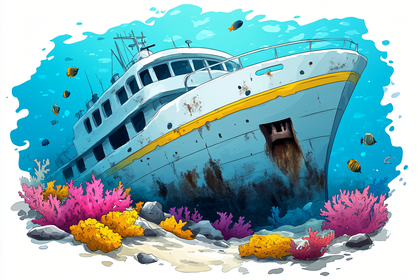 Sunken Ship with Coral and Fish