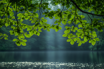 Sunlight Through Green Leaves Over Lake
