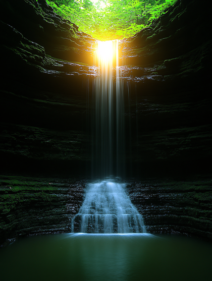 Sunlit Cascade in Grotto