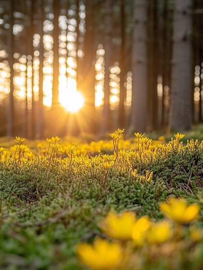 Sunlit Forest Floor With Yellow Flowers