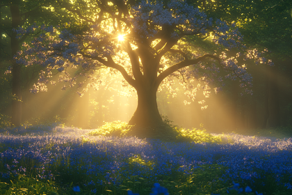 Sunlit Forest Meadow with Bluebells