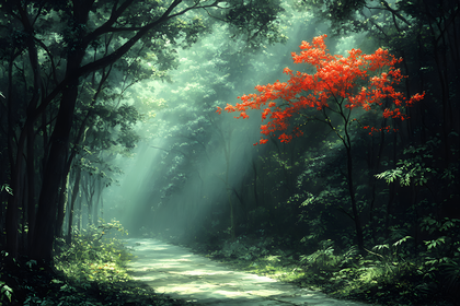 Sunlit Forest Path With Red Tree