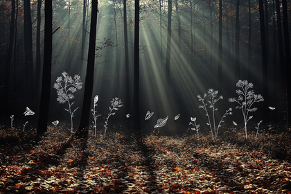 Sunlit Forest with Drawn Plants