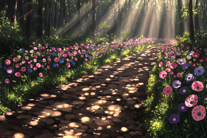Sunlit Path Through a Forest of Flowers