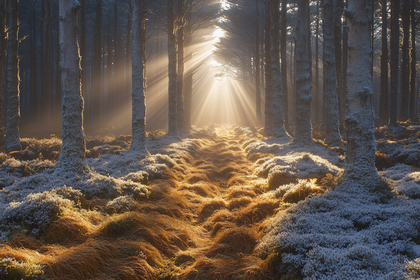 Sunlit Path Through Frosty Forest