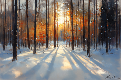 Sunlit Snowy Forest