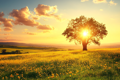 Sunlit Tree in Field of Flowers