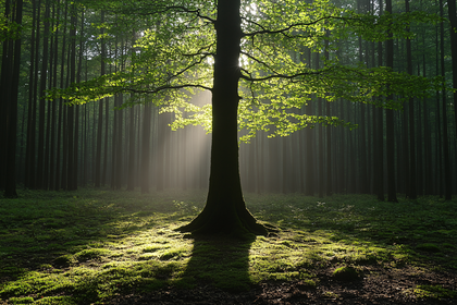 Sunlit Tree in Forest