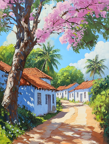 Sunlit Village Pathway Under Blossoming Tree