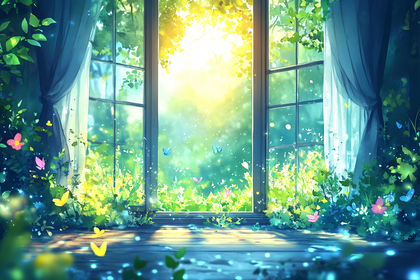 Sunlit Window With Butterflies