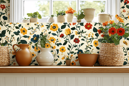 Sunlit Windowsill with Floral Wallpaper and Potted Plants