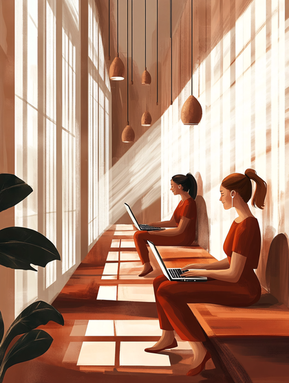 Sunlit Workspace With Working Women