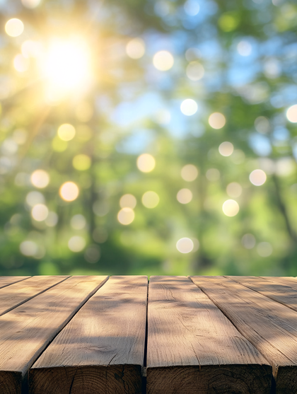 Sunny Bokeh Background With Wooden Table