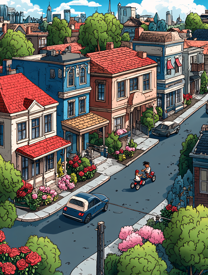Sunny Day in a Cartoon Neighborhood