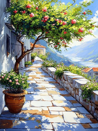 Sunny Pathway With Flowers And Mountain View