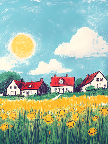 Sunny Sunflower Field with Houses