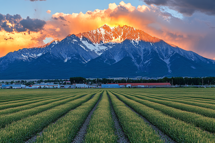 Sunrise Over Farmland and Mountain