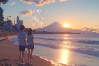 Sunset Beach Romance with Mt Fuji