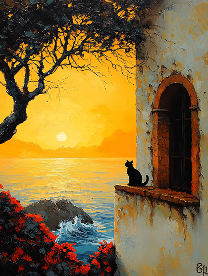 Sunset Cat on Ledge