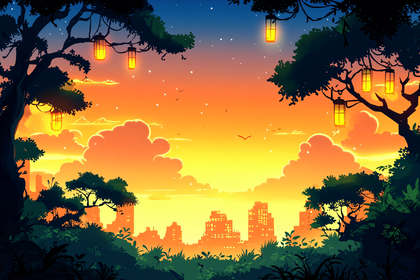 Sunset Cityscape With Lanterns