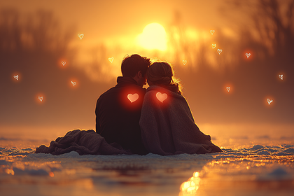 Sunset Embrace with Hearts