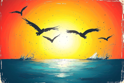 Free Download Birds Flying Over Sea at Sunset Painting