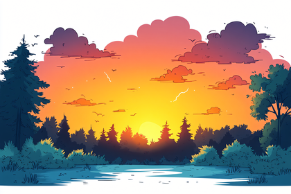 Free Download Vector Sunset Forest Landscape with Birds