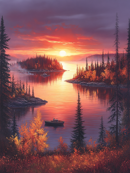 Sunset Lake Scene with Boat