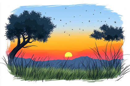 Sunset Landscape With Trees And Mountains