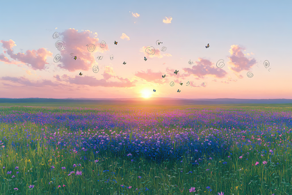 Sunset Meadow With Butterflies And Dreamy Skies