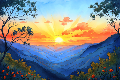 Sunset Over Blue Mountains Watercolor