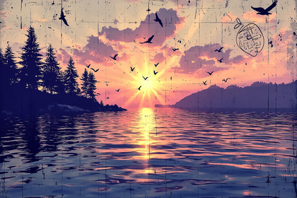 Sunset Over Lake With Birds