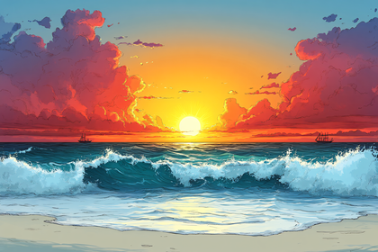 Sunset Over Ocean Waves