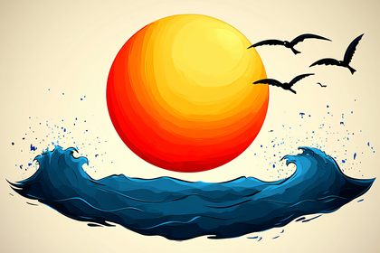 Sunset Over Ocean Waves with Seagulls