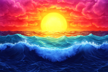 Free Download Vibrant Sunset Over Ocean Waves Digital Painting