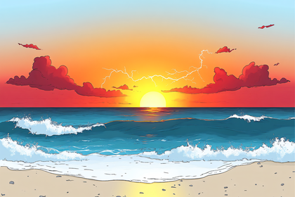 Sunset Over Ocean With Lightning