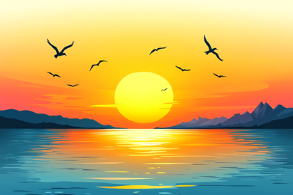Sunset Over Water With Birds