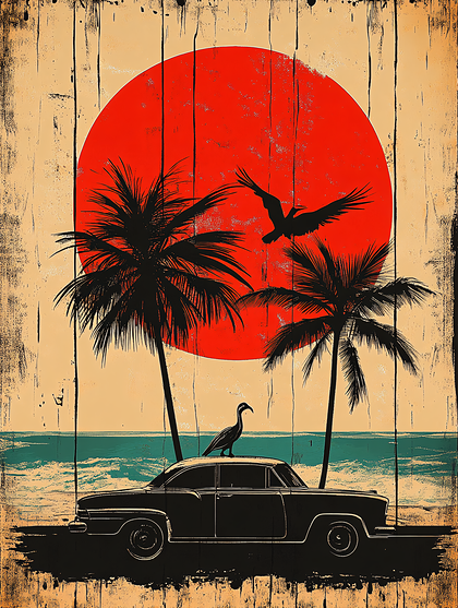 Sunset Palm Trees and Vintage Car