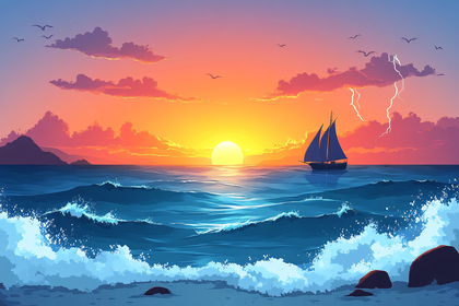 Sunset Sailboat Lightning Sea