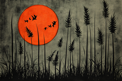Sunset Silhouette Birds and Reeds