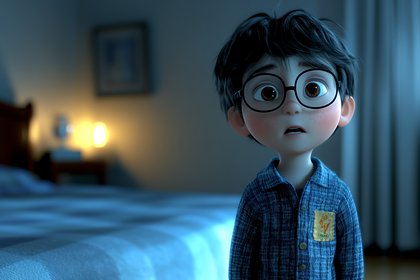 Surprised Boy in Bedroom