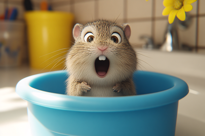 Surprised Hamster In Blue Tub
