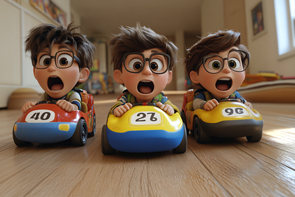 Surprised Kids Racing Toy Cars