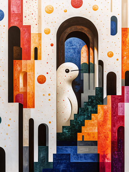 Surreal Bird and Geometric Arches Painting
