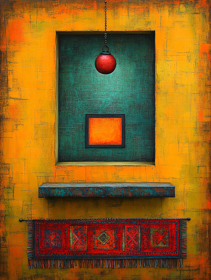 Suspended Red Lamp and Rug on Yellow Wall